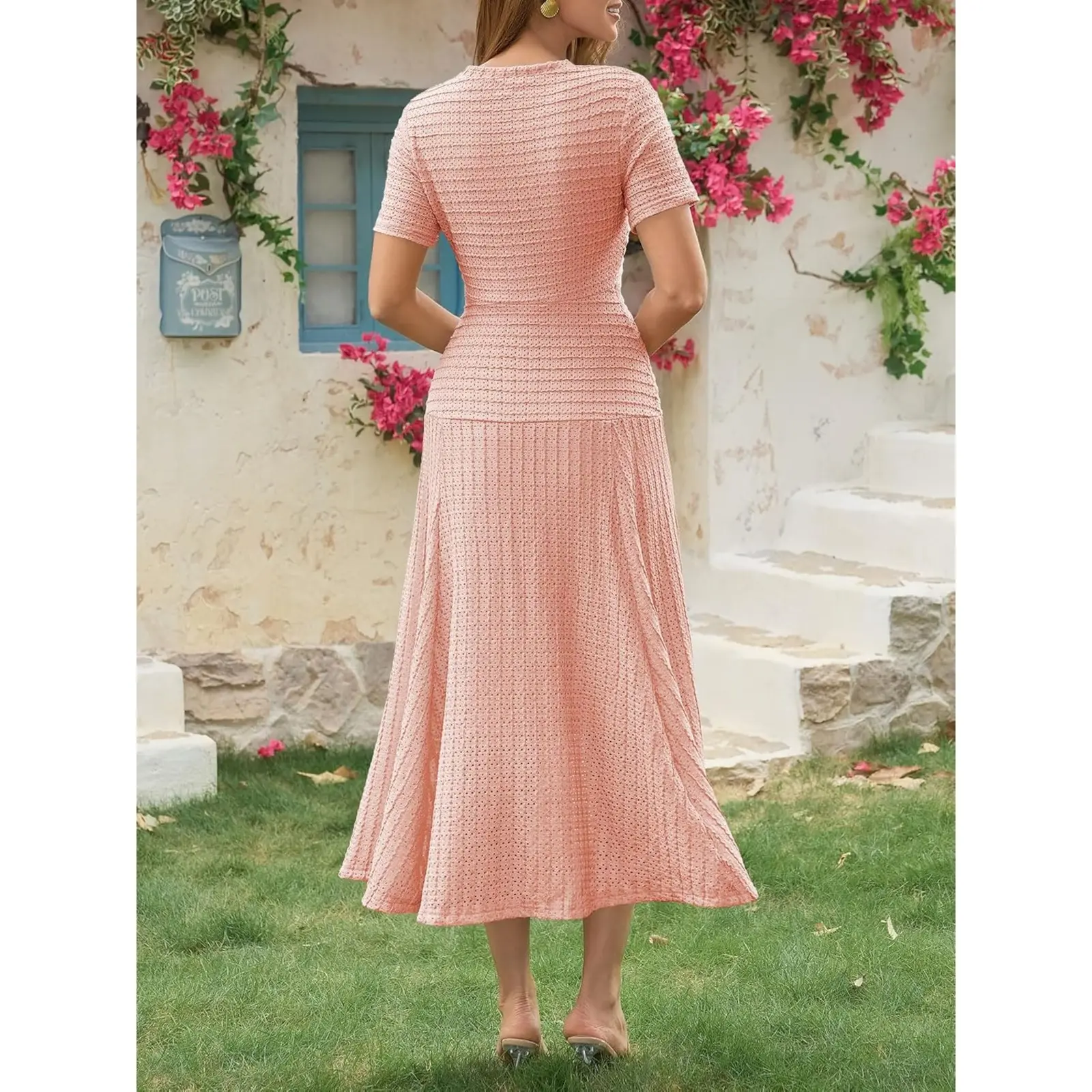 Wenrine Womens Midi Dress Summer Casual Short Sleeve Crewneck Button Decor. Textured Slim Fit A Line Dresses