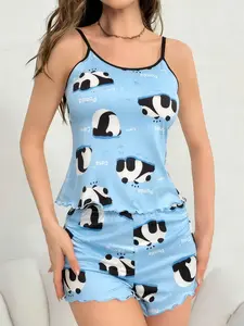 Light Blue Cartoon Panda Print Tank Top Pajamas for Women, Cute Ruffle Home Wear Two-Piece Set, Comfortable Sleepwear for Ladies