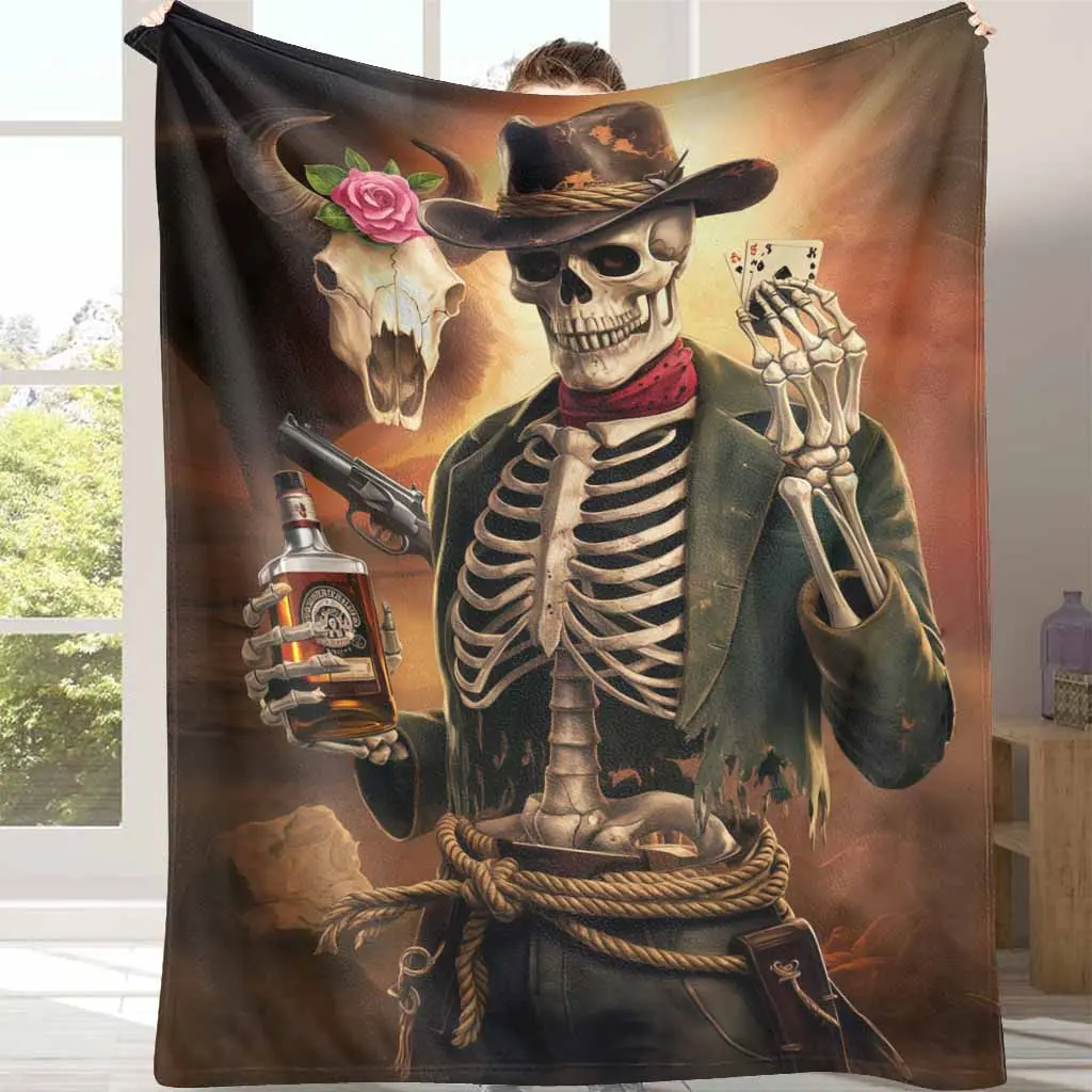 Printed Flannel Soft Throws Blanket - Western Skeleton Cowboy Poker Design, Breathable, Cozy, Lightweight, Anti-Pilling, Wrinkle Resistant, Durable, Ideal for Sofa, Bedroom, Halloween Gift, Breathable Cozy Blanket
