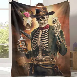 Western Skeleton Flannel Blanket, Cowboy Skeleton Poker Print, Soft Cozy Lightweight, AntiPilling, Perfect for Sofa, Living Room, Bedroom, Office, Vacation, Halloween Gift, Birthday Gift.