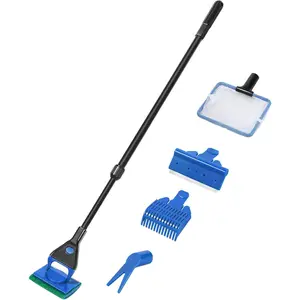 Aquarium Cleaning Tools, Fish Tank Cleaner Kit with Adjustable Long Handle, 5 in 1 Set Including Fish Net, Algae Scraper