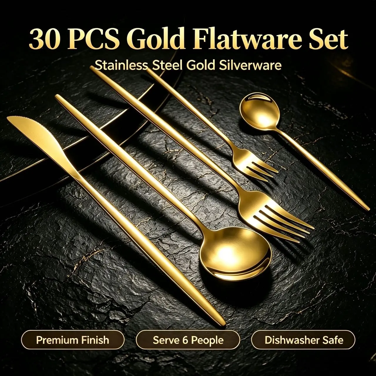 30-Piece Gold-Toned Mirror-Polished Stainless Steel Cutlery Set - Rounded Curves, Smooth Finish, Reusable, Dishwasher Safe, Portable, Elegant, Corrosion-Resistant Tableware Kit for Family Formal Dinners, Party Dinnerware Sets
