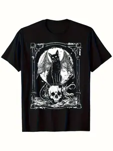 Men's & Unisex Bat Cat Skull Goth T-Shirt - Occult Punk Grunge Black Metal Tee, 100% Cotton Soft Breathable Short Sleeve Shirt with Bat, Cat & Skull Print (S-XXXL) for Concerts, Casual Attire, PLUS SIZE