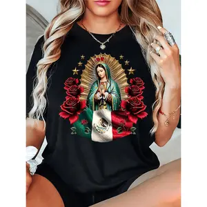 [Virgin Mary Mexican Flag Tee] Women's Virgin Mary & Mexican Flag Print Short Sleeve T-Shirt - Black Religious Casual Top with Red Roses, Medium Stretch, Regular Fit Round Neck, Machine Washable All-Season Tee, Mexican T Shirt, Me