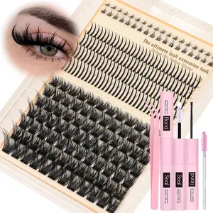 False Eyelashes Set, Fluffy D Curl 0.05mm Thick Mixed Length, Natural Wispy Lashes Kit with Waterproof Glue & Tweezers, Eyelash Extension