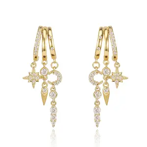 14k Gold Plated Earrings For Women, Dainty Gold Drop Statement Earrings Long Huggie Earrings for Women Trendy Hypoallergenic Dangly Earrings Small Triple Hoops Earrings Fashion Jewelry