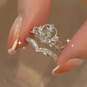 2-Piece Set Elegant Crown Princess-Inspired Rhinestone Ring Set, Adjustable Open-End Rings, Alloy Base With Plating, Cute Occasion Jewelry