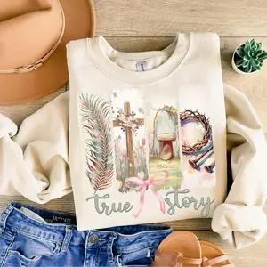 True Story Christian Easter Sweatshirt T-Shirt, He Is Risen, Christian Easter Coquette Bow Shirt, Brushstroke Floral Spring Easter Tee, Christian Gift