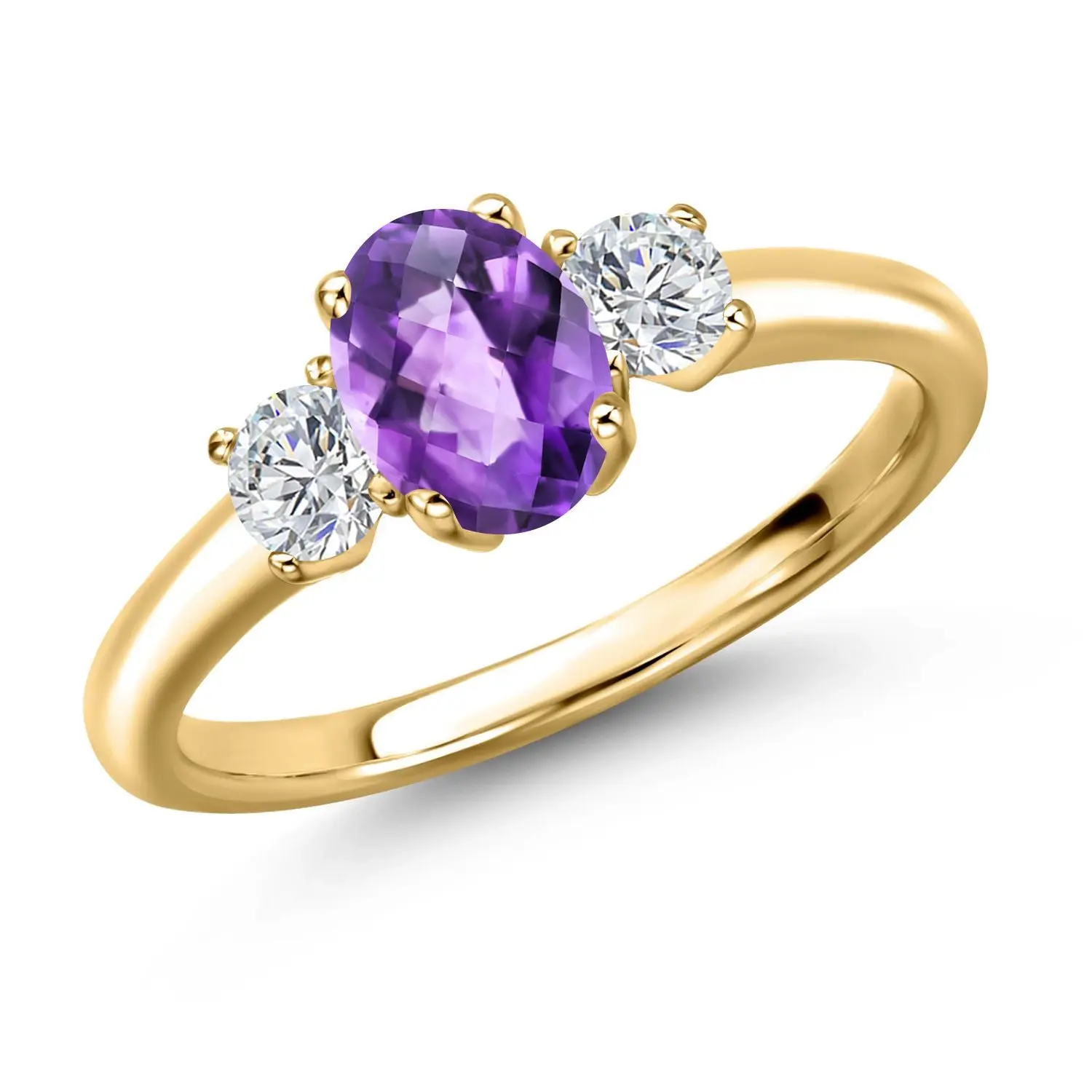 Gem Stone King Women's 18K Yellow Gold Plated Hypoallergenic Silver Unique Elegant Fashion 3-Stone Ring - 7X5MM Oval Gemstone Birthstone, 3MM Round Lab Grown Diamond, Anniversary Engagement Promise Ring (Sizes 5-9)