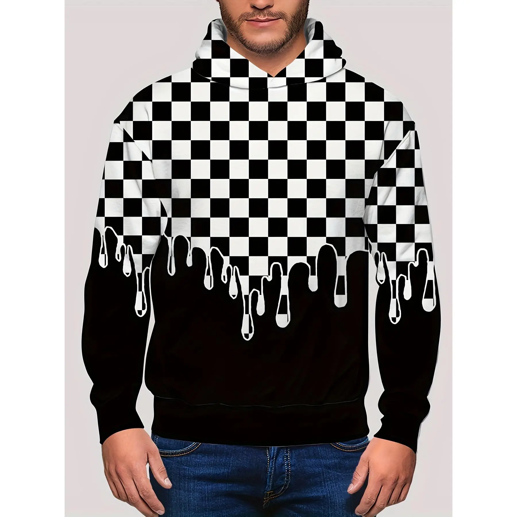 Men's Casual Hoodie Sweatshirts - Unique Checkerboard Print Knit Fabric, Stretch Cozy Polyester Pullover for Spring & Fall, Machine Washable Menswear