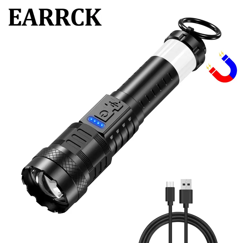 High Lumen Flashlight - USB Rechargeable USB Torch, High Power Torch with 8 Light Modes, Strong Magnetic Attraction, Emergency Red & Blue SOS Mode, Telescopic Design, for Hiking, Emergency Use, Garage