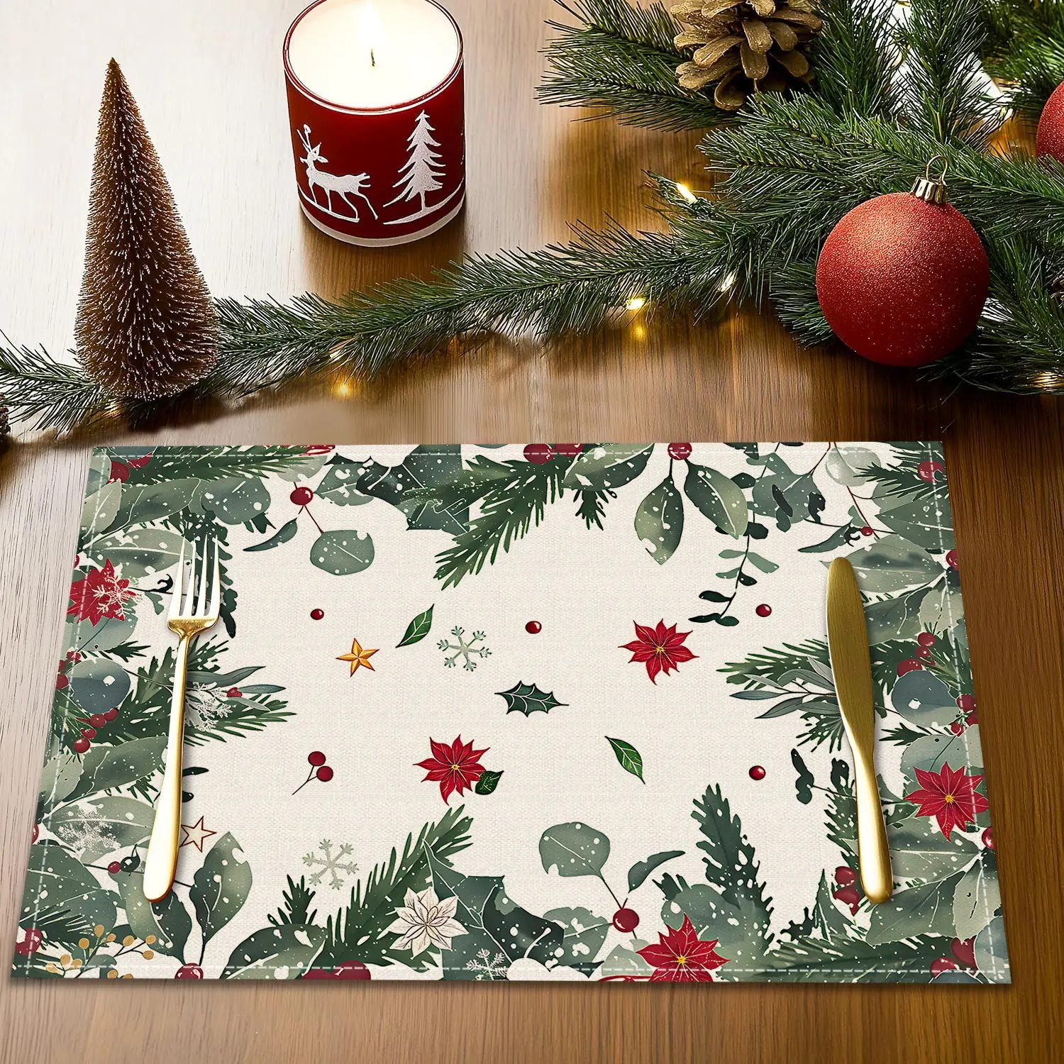 4/6pcs Christmas decorative placemats, Kitchen decorative placemat, berry design winter table mats, coasters, cedar forest elk printed dining table anti slip insulation mats, party restaurant desktop decorations