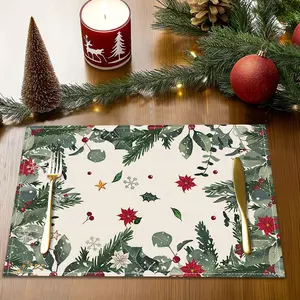 4/6pcs Christmas decorative placemats, Kitchen decorative placemat, berry design winter table mats, coasters, cedar forest elk printed dining table anti slip insulation mats, party restaurant desktop decorations