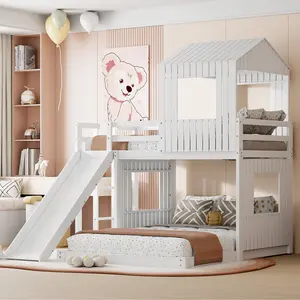Wooden Twin Over Full Bunk Bed, Loft Bed with Playhouse, Farmhouse, Ladder, Slide and Guardrails