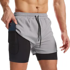 Men 2-in-1 Quick Dry Running Shorts Lined Athletic Workout Shorts With Zip Pockets & Towel Loop split