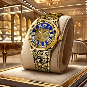 Luxury Blue Gold Skeleton Watch Diamond Roman Numerals Engraved Mechanical Automatic Watch for Men