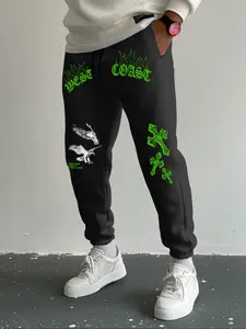 Men's Letter & Pigeon Print Drawstring Waist Jogger Pants, Casual Regular Fit Elastic Waist Pocket Trousers for Fall & Winter, Men's Bottoms for Daily Wear