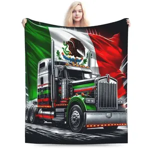 Mexico Flag Semi-Truck Pattern Flannel Blanket - Suitable for Living Room, Office, Sofa, Bed, and Travel Use Soft Warm All-Season Shawl - Suitable for Birthday, Christmas, Thanksgiving Vibrant Anime Theme Gift, Cute Blanket, Sofa Accessory, Fun Truck Grap
