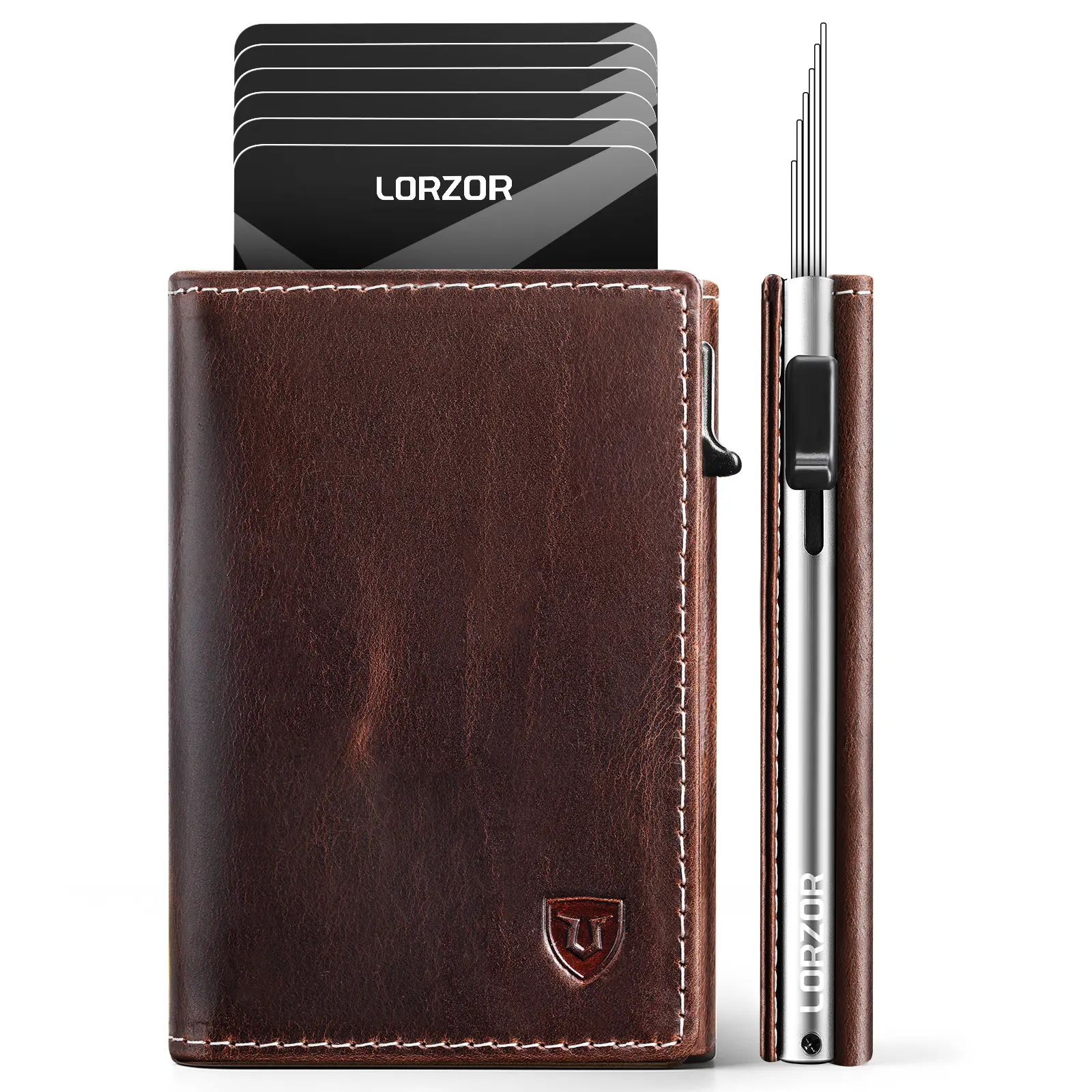 LORZOR Wallet for Men with Metal Card Holder, Pop Up Wallet, Finest Full Grain Leather Trifold Wallet, Smart, Minimalist, RFID Blocking, Front Pocket, ID Window
