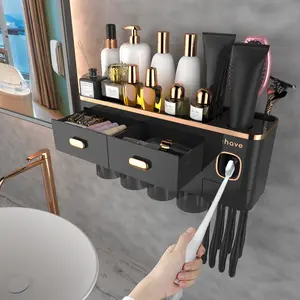 iHave Toothbrush Holders for Bathrooms - Upgrade Wall Mounted Toothbrush Holder with Toothpaste Dispenser - 4 Cups, Large Capacity Tray, 2 Cosmetic Drawer - Bathroom Organizers and Storage