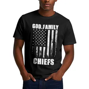 Cotton Graphic Tees, Men's Streetwear Gifts: Festival & Vacation Outfits God. Family. Chiefs. Vintage USA Flag T-Shirt