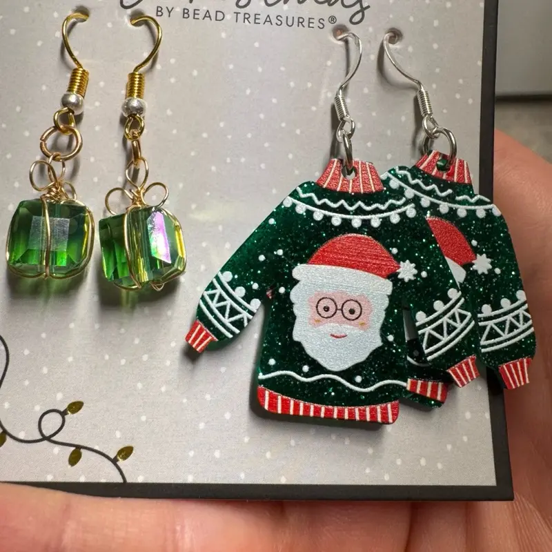 Bead Treasures Christmas Earnings Sweater Design with Green Cubes and Santa Motif Festive Jewelry