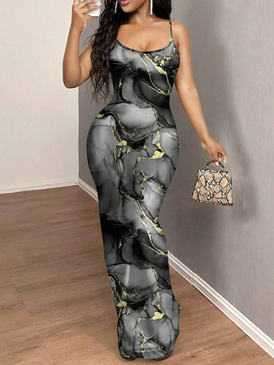 Sexy Casual Elegant Brown Bodyline Positioning Print Slip Dress, Maxi Length For Women Curve Hugging Maxi Dress Suitable For Going Out Chic Dress