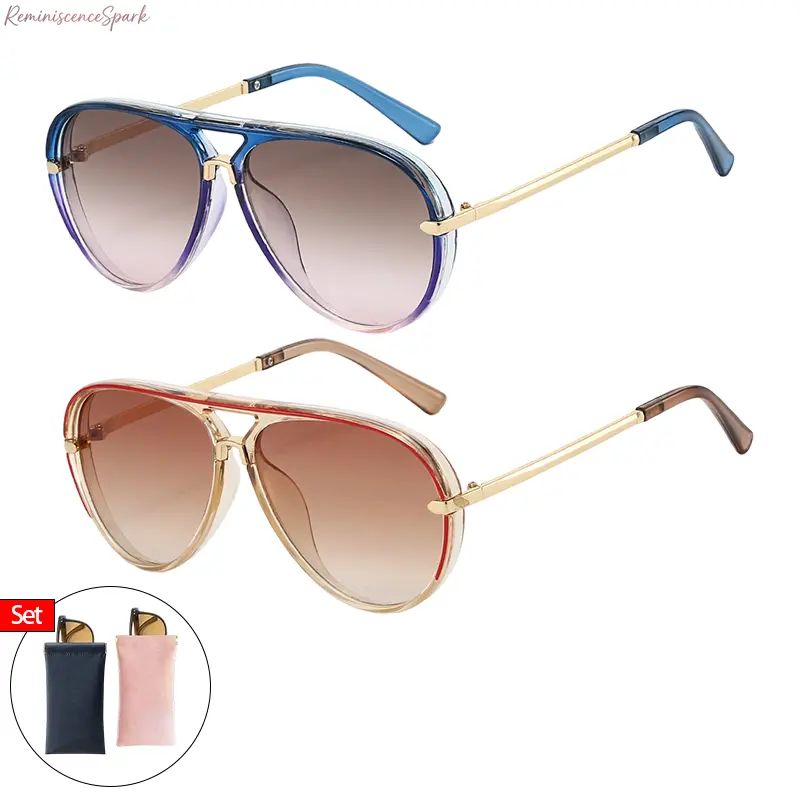 2-Pack 2026 Retro Aviator Sunglasses, unisex multi-color gradient lenses. Lightweight frame with UV400 protection, trendy street style for daily, travel and outdoor use. Comes with matching magnetic leather pouches for easy storage.