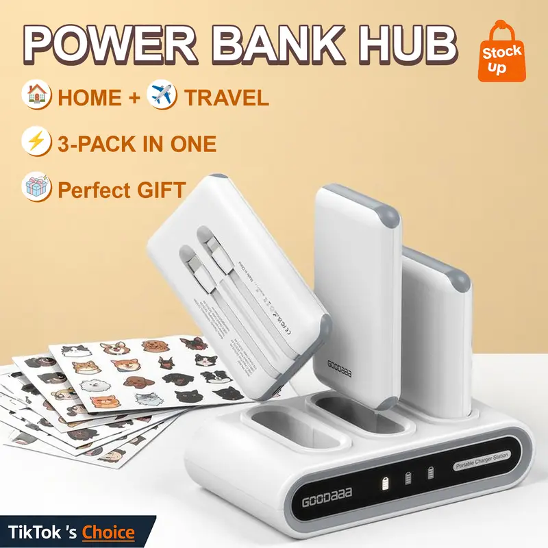 GOODaaa 3-Pack 10000mAh Portable Charger with Charging Dock Station, Built-in Cables, Family Power Hub for Home, Office, Travel, Parties, Dorms & Perfect Gift