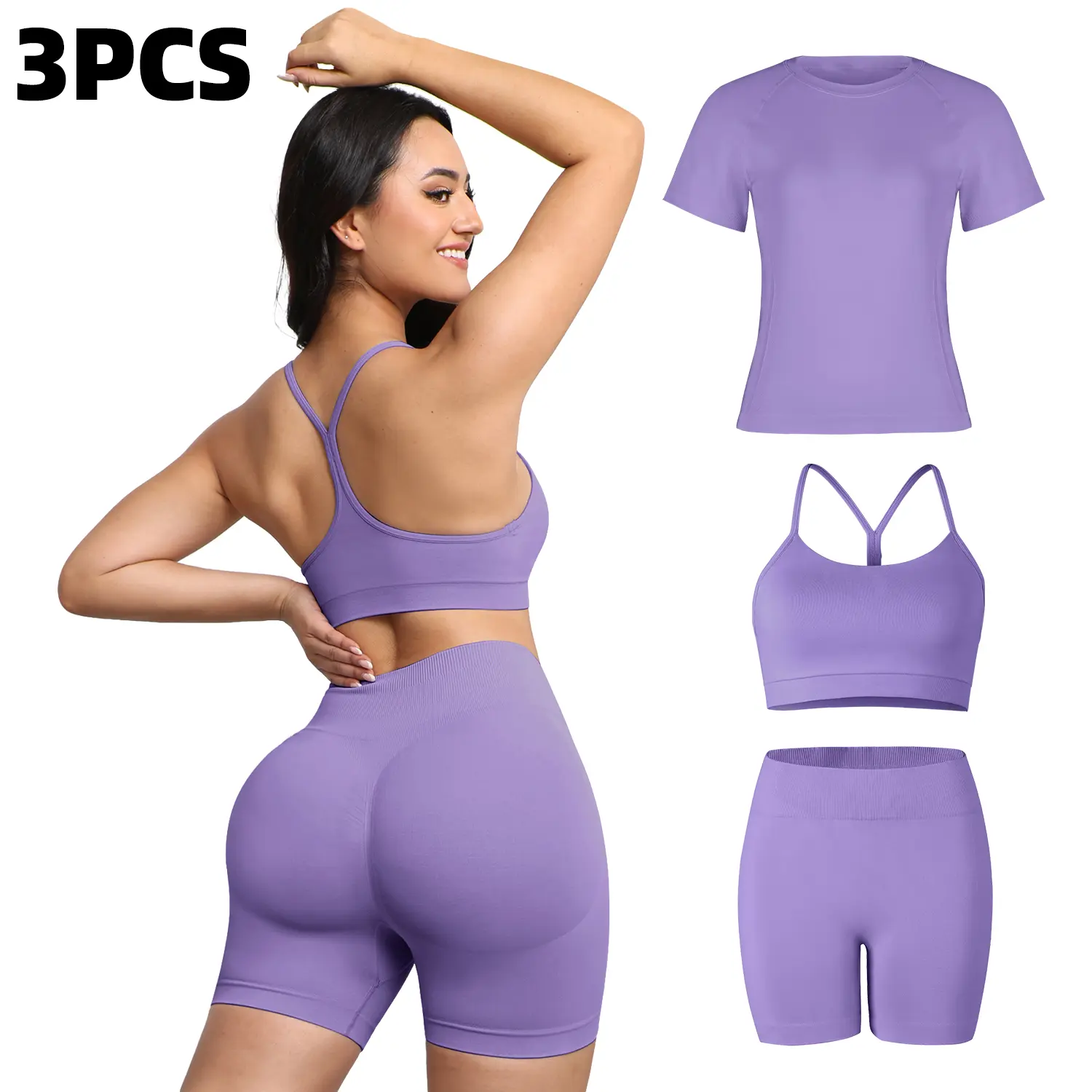 Women's 3-Piece Seamless Gym Set, Quick-Dry Running Workout Suit with Crop Top, Bra, and High-Stretch Above the Knee Shorts for Active Women, Female, Seamless Fit, T-Shirts
