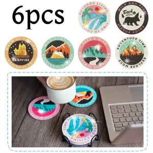 6 pack Diamond Art Coasters Kits Diamond Painting Coasters with Holder Cork Pads DIY Outdoor Camping Coasters Diamond Art Kits for Adults Beginners, Ideal Gift