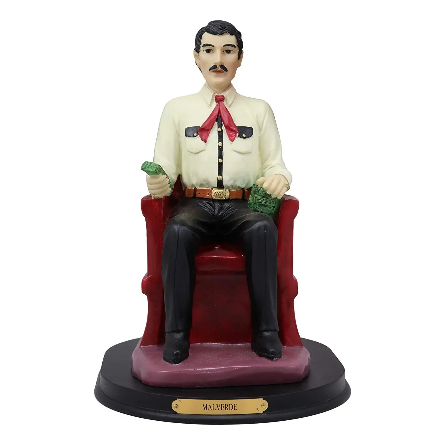 10.25" Tall Polished Resin Seated Jesus Malverde Statue, Angel of The Poor Sinaloa Religious Figurine with Brass Name Plate, Mexican Home Decor, Religious Decoration Sculpture