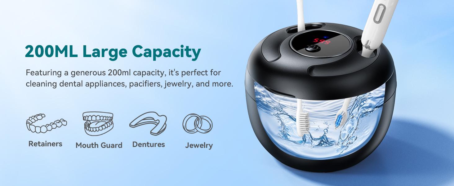 Dental Ultrasonic Retainer Cleaner Machine - 45kHz Dental Cleaning Pod with 304 Stainless Steel Tank, UVA & UVC, Digital Timer & 200ML Capacity for Dentures, Aligners, Braces, Mouth Guards, Night Guards, Toothbrush, Jewelry and more, Home and Travel Use