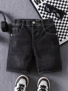 Boy Short Jeans, Solid Color, Slight Stretch, Ripped, Quick Dry, with Pockets, Suitable for Spring and Summer