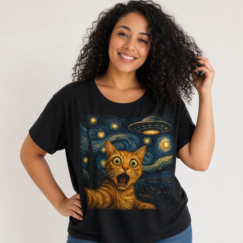 Funny Cat Shirt Starry Night Art Parody Graphic Tee Women UFO Alien Shocked Kitty Vintage Aesthetic Relaxed Fit Quirky Gift Comfy Top