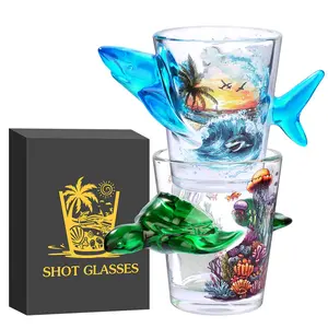 Turtle and Shark Glass Cups Set, Unique Ocean Series 50ML Glasses 2 Pack Gift Box, Perfect for Alcohol, Coffee, and Desserts, Funny Glass Cup