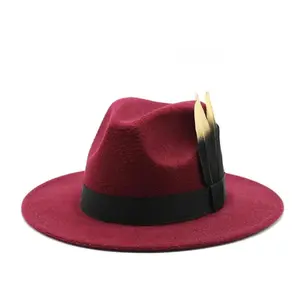 Gold Feathered  Fedora Hat-burgundy