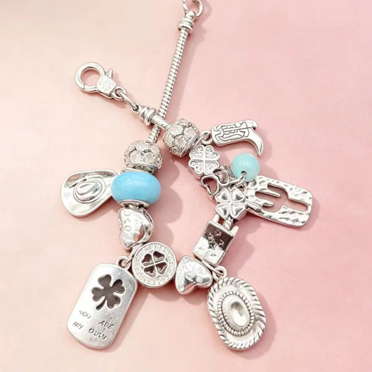 Women's Western Cowgirl DIY Charm Bracelet - Vintage Silver Beaded Chain Bracelet with Charm Mix, Themed Pendants, Retro Look for Party Wear
