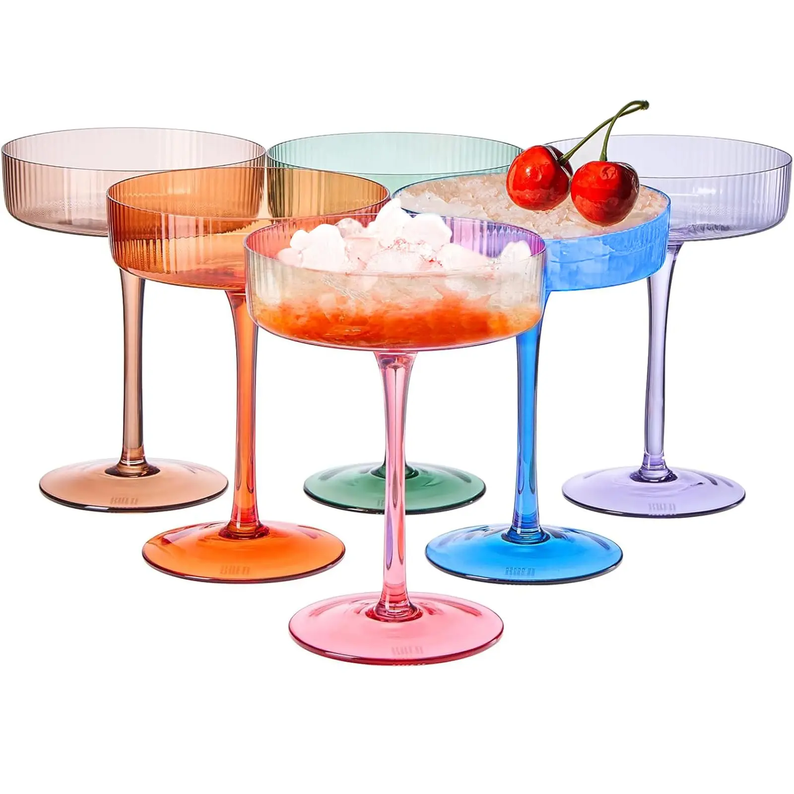 Khen Ribbed Vintage Art Deco Coupe Glasses - Martini, Champagne & Cocktail Ribbed Glasses 8oz | Cute Crystal Glassware Sets - Goblet Stemmed Ripple Glassware, Housewarming Glass, Fall/Holiday 6 Pieces