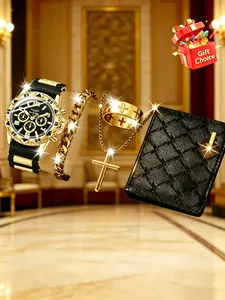 Father's Day Gift Set for Men, Men Accessories, Glamour Set, Luxury Watch with Silver Color/ Gold Options, Includes Watch, Jewelry, Wallet, Perfect for Dad