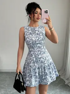 Boho Chic Blue Floral Dress, Sleeveless Round Neck, A-Line Waist Cinch, Vintage Print, Formal Elegant Dress, Perfect for Dates, Work, Vacation, Elegant Party Wear, Womenswear