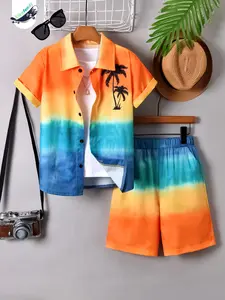 Kikofendy Boys' Summer Tropical Plant Print Colorblock Fashion Shirt & Casual Shorts Set, Stylish Two-Piece for Kids
