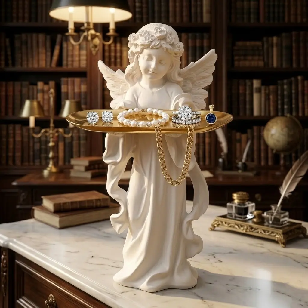 Angel Candle Holder ,Angel Figurine Resin Statue Angel Girl Desktop Decoration European Retro,Jewellery Storage for Home 12Inch