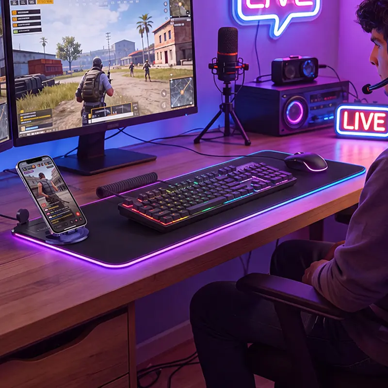 15W 4-in-1 RGB Mousepad (Extended), Gaming Mouse Pad with Charger, Desk Accessories, 31.5x11.8in Extra-Large, Non-Slip Waterproof Easy to Maintain Surface, 13 LED Modes, Phone Stand, Excel Shortcuts, 1.5m Cable, Bonus Stretch Guide for Gamers
