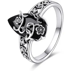 Vintage Flower Design, Elegant Black Lab Grown Diamond Ring Jewelry for Women, Energy Crystal Ring Perfect for Daily Wear and Birthday Party, Christmas Gift