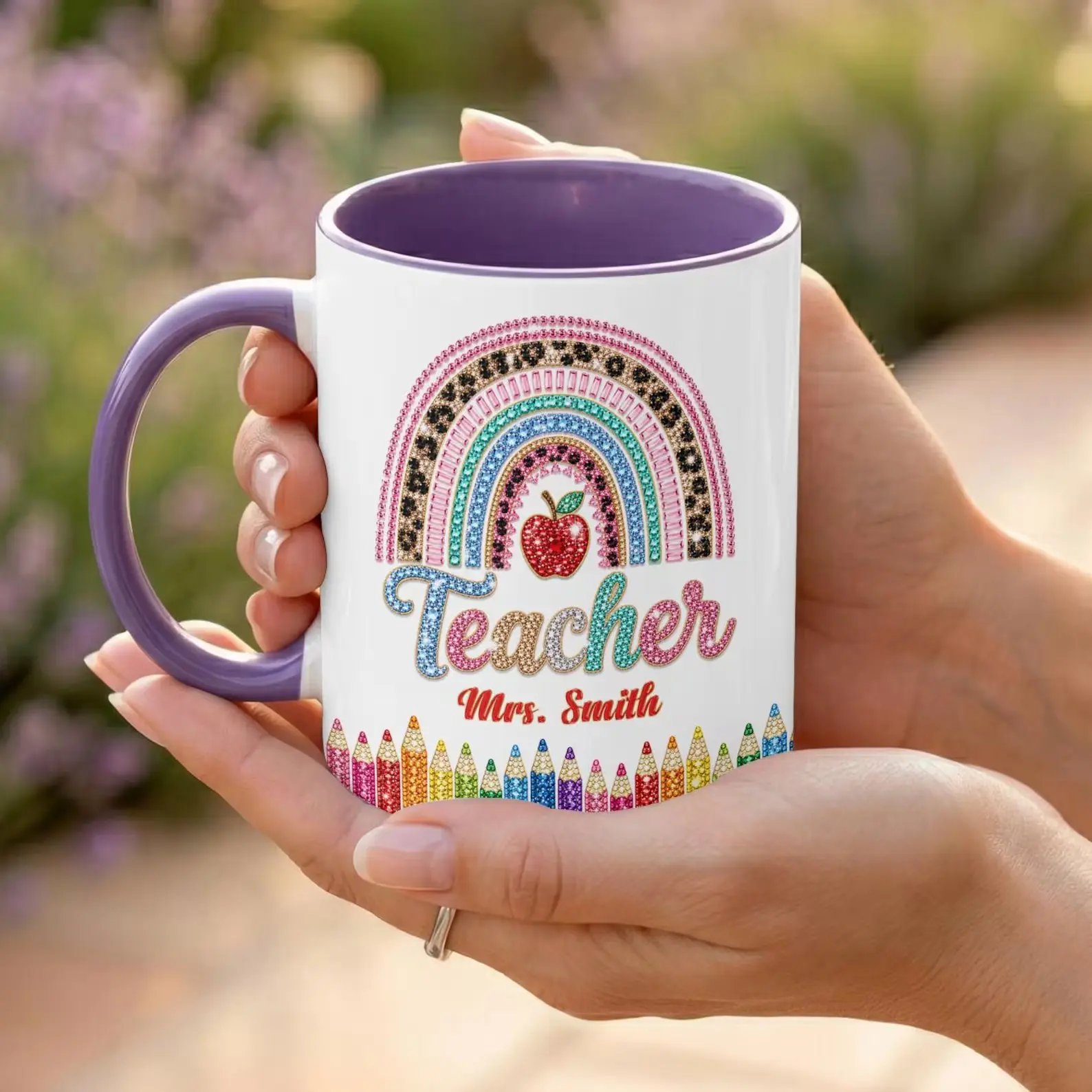 Personalized Teacher Coffee Mug - Custom Name, Sturdy Printed Rainbow 3D Inflated Effect Ceramic Cup, Back to School Teacher Appreciation Gift