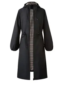 2026 New Spring Women's Black Hooded Windbreaker Drawstring Waist Plaid Lining Waterproof Windproof Jacket Elegant Commute Style