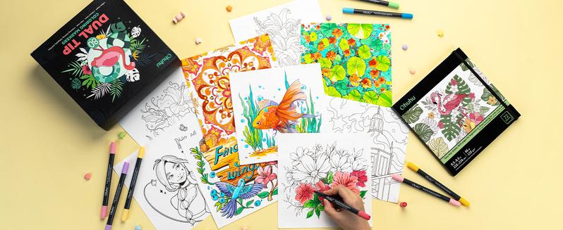 Ohuhu Water Based Art Marker Set Bundles: Fine & Brush Dual Tips - 80-colors with 72-sheet Coloring Book - Art Marker Set Bundles with 100% Bleed-proof Pages - Art Marker Set Bundles of Ohuhuart