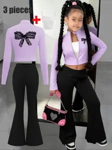 【Three-piece set】Girls' fashion black bow pattern printed coat + flared pants + camisole three-piece set. A must-have for fashionable girls, comfortable and casual, perfect for street-style sweet and cool girls. Fashion Clothes Set
