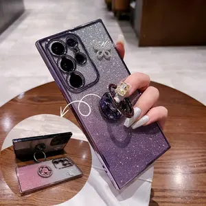 Glitter Phone Case with Ring Holder, 1 Count Fashion Phone Protective Cover, Phone Accessory Compatible with Samsung Galaxy S20/21/22/23/24 Series